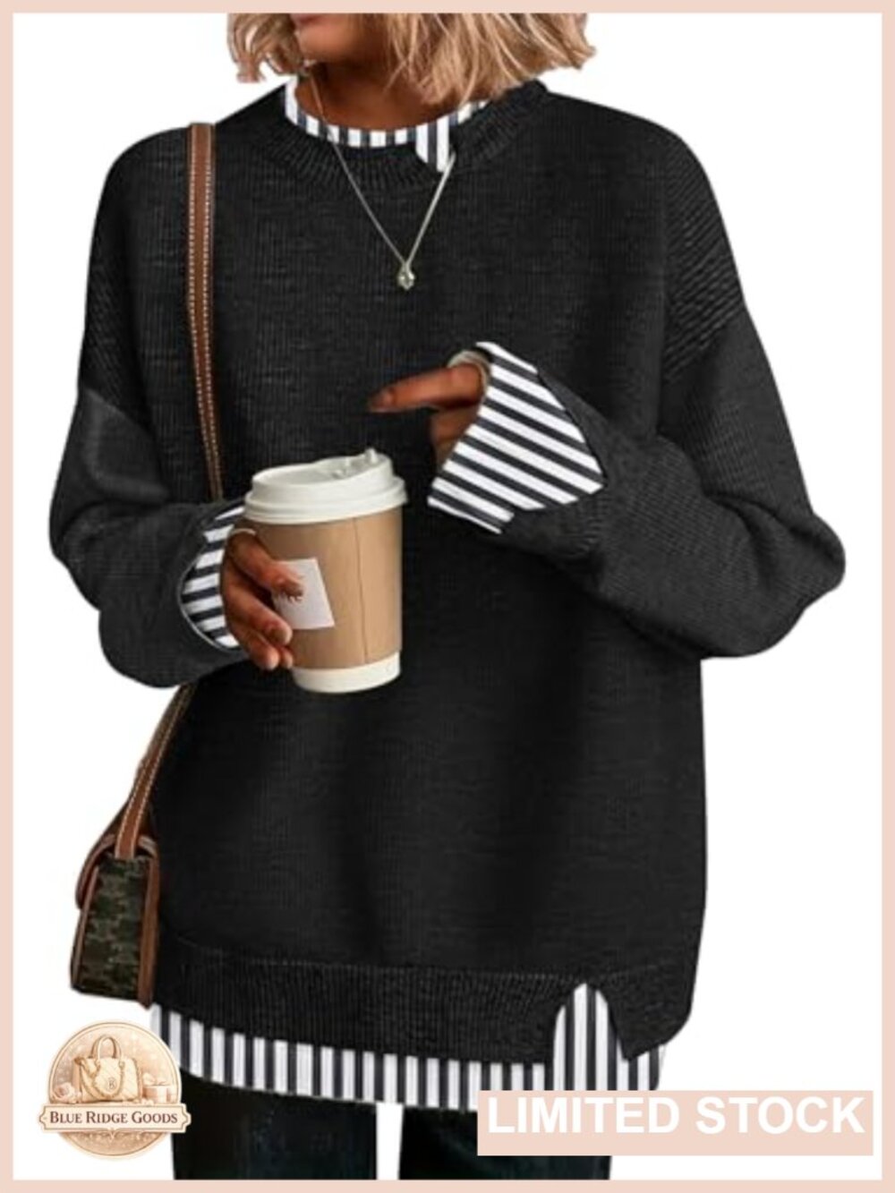 Oversized Ribbed Knit Cut-Out Pullover Sweater Crew Neck Long Sleeve